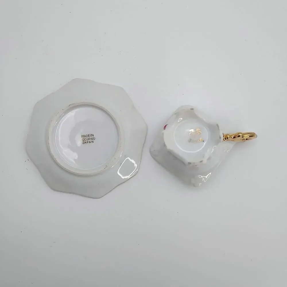 VTG Japanese Miniature Demitasse Footed Teacup And Saucer Floral Gold Tone Trim